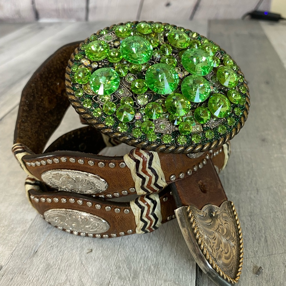 Green Rinestone Y2K Vintage Swarovski Crystal Western Leather Belt Size 36 - Picture 1 of 13